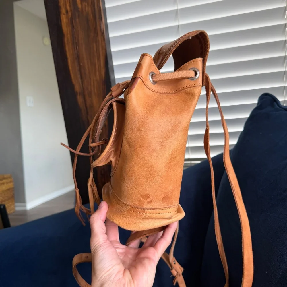 Vintage Southwestern Backpack Tan Leather Tooled Boho Mini Drawstring Tassel Bag